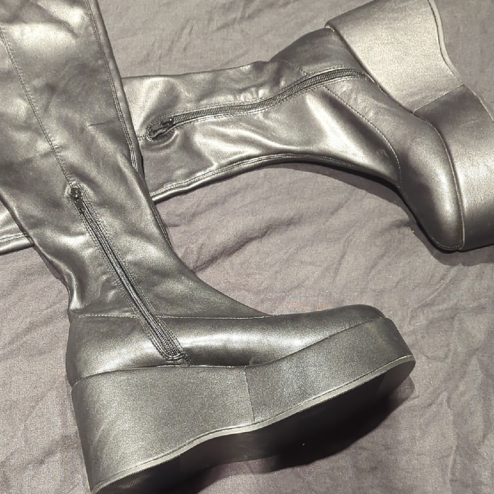 SOLD Black Baddie Goth Boots Y2K Platform Whimsigoth Knee-High Platform 9 - Picture 2 of 3